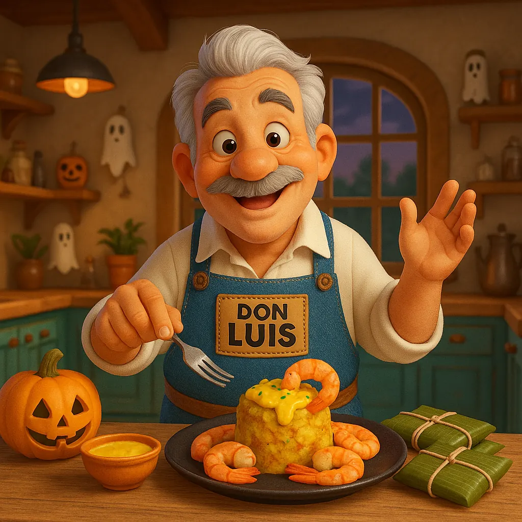 Camarones Mofongo con Spooky Ajo Mantequilla Sauce